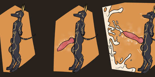 animal_genitalia anthro ball_clench balls big_balls big_penis black_body black_fur bodily_fluids cum cumshot ejaculation erection excessive_cum excessive_genital_fluids fully_sheathed fur genital_fluids genitals golden_markings huge_balls huge_penis knot knotted_penis looking_pleasured male musk nude onomatopoeia penis sheath side_view solo sound_effects standing sweat sweatdrop tail text throbbing throbbing_penis vein veiny_penis yellow_eyes spesssmutcentral arkabir anubian_jackal canid canine canis jackal mammal hi_res
