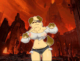 4_fingers anthro bottomwear clothed clothing denim denim_bottomwear denim_clothing denim_shorts eye_patch eyewear female female_anthro fingers front_view fur hell nipples_visible_through_clothing occult_symbol one_eye_obstructed pentagram shirt shorts snaggle_tooth solo symbol tail tied_shirt topwear thyglia_fox mythology bird_dog canid canid_demon canine canis demon domestic_dog golden_retriever hellhound hunting_dog mammal mythological_canine mythological_creature retriever 2025 hi_res