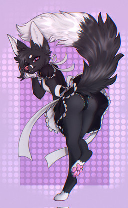 anthro black_body black_fur butt clothed clothing female fur heart_eyes heart_symbol looking_at_viewer looking_back looking_back_at_viewer maid_uniform pattern_background pawpads pink_pawpads presenting presenting_hindquarters purple_background simple_background solo uniform white_body white_fur yshanii canid canine fennec_fox fox mammal true_fox 2023 digital_media_(artwork) hi_res