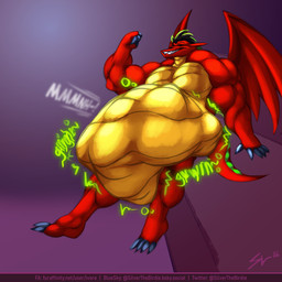 abdominal_bulge belly big_belly huge_belly male male_pred muscular muscular_male red_body rumbling_stomach same_size_vore struggling struggling_prey vore wings yellow_body ivore american_dragon:_jake_long disney mythology jake_long dragon mythological_creature mythological_scalie reptile scalie 1:1 hi_res