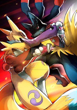 ambiguous_gender anthro armwear attack battle black_sclera blue_body blue_fur bridal_gauntlets clothing duel duo fight fur mostly_nude purple_armwear purple_clothing red_eyes yellow_body yellow_fur kotatsucats bandai_namco digimon nintendo pokemon canid canine digimon_(species) generation_6_pokemon mammal mega_evolution mega_lucario pokemon_(species) renamon crossover