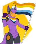 anthro aroace_pride_colors dotted_background flag flag_(object) fur gradient_background hair happy holding_flag holding_object kerchief lgbt_pride machine male neckerchief orange_visor pattern_background pride_color_flag pride_colors purple_body purple_fur purple_hair simple_background smile solo standing tail yellow_background arcanemuun kylo_byte protogen 2024 absurd_res digital_drawing_(artwork) digital_media_(artwork) hi_res