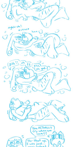 anthro bodily_fluids breath crying_while_cumming cuddling dialogue duo ejaculation ejaculation_from_handjob embarrassed female female/female flustered genital_fluids genitals handjob hug leaking_precum long_tongue lying moan nude panting penile penis precum scar self-harm_scars sex shaking text tongue curious_coyote glitch_productions the_amazing_digital_circus jax_(tadc) ribbit_(tadc) amphibian frog humanoid lagomorph leporid mammal rabbit absurd_res blue_and_white english_text hi_res monochrome trans_(lore)
