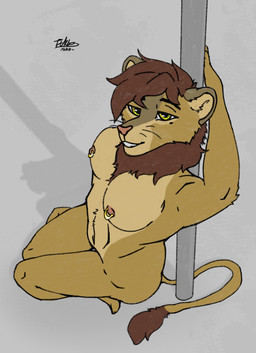 anthro areola breasts brown_body brown_fur female fur mane markings mole_(marking) navel nipple_piercing nipples nude piercing pink_nipples pink_nose pole smile solo stripper_pole tuft whiskers turbofurr felid lion mammal pantherine absurd_res hi_res