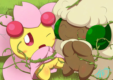 blush bodily_fluids bound brown_body duo eyes_closed female genital_fluids genitals heart_eyes heart_symbol penetration pink_body pink_eyes plant smile vaginal vaginal_fluids vaginal_penetration vine_bondage vine_in_pussy vines vulva yellow_body minami_(artist) nintendo pokemon cherrim elemental_creature flora_fauna generation_4_pokemon generation_5_pokemon pokemon_(species) sunshine_form_cherrim whimsicott hi_res signature