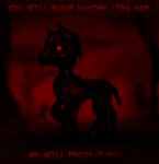 body_horror creepy dialogue glowing glowing_eyes group male plant red_eyes red_sky sky solo_focus text tree what_has_magic_done wood crovirus creepypasta hasbro my_little_pony story_of_the_blanks equid equine horse mammal pony undead zombie black_and_red english_text monochrome