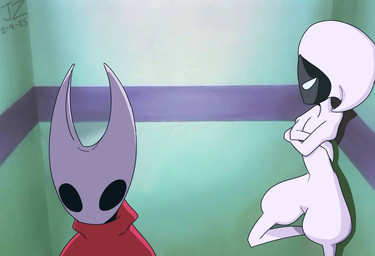 2_horns ambiguous_gender black_eyes black_face clothing crossed_arms duo elevator horn red_clothing shadow text white_body white_eyes white_head jazillionusdoggars hollow_knight:_silksong hollow_knight_(franchise) neon_genesis_evangelion team_cherry hornet_(hollow_knight) lace_(hollow_knight:_silksong) arthropod 2025 english_text signature