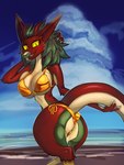 2023 3:4 alternate_species anthro big_breasts bikini bikini_bottom bikini_top breasts clothing day detailed_background drako_(drakoflame2) female general-irrelevant gold_bikini green_body green_hair hair hi_res holding_tail horn looking_at_viewer mammal out-of-placers outside red_body seaside smile solo swimwear tail thick_thighs walking yinglet