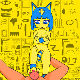 anthro blue_eyes blue_hair dominant dominant_female duo feet female foot_fetish foot_on_penis foot_play fur genitals hair male male/female paws penis submissive submissive_male yellow_body yellow_fur cindy_(trunko) animal_crossing nintendo ankha_(animal_crossing) felid feline human mammal hi_res