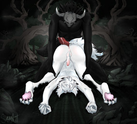 animal_genitalia animal_penis anthro anus armpit_fetish balls big_penis black_body black_fur blue_eyes bodily_fluids bone duo femboy flexible fluffy fog forest fur genital_fluids genitals grass horn hot_dogging imminent_sex inner_ear_fluff kneeling male male/male pawpads paws penis perineum pink_eyes plant precum pushing raised_leg rock sex skull skull_head spread_legs spreading tail tail_around_penis tail_fetish tail_play tail_sex tailjob thick_thighs tree tuft samkit sam_(samkit) canid canine domestic_cat felid feline felis fox hybrid mammal absurd_res hi_res