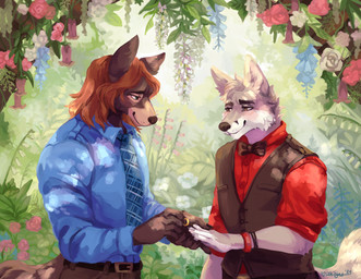 anthro bow_tie clothing collared_shirt digit_ring dress_shirt duo flower jewelry male male/male necktie plant ring shirt topwear wedding wedding_ring wristband whinges brian_hart gogowolf canid canine canis mammal wolf hi_res