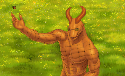abs anthro cheek_spikes claws clothed clothing duo eyewear facial_spikes finger_claws fishnet_clothing fishnet_topwear flower glasses grass horn male muscular muscular_anthro muscular_male open_mouth orange_body orange_horn outside pecs plant solo_focus spikes spikes_(anatomy) tinted_glasses topwear aduran arthropod butterfly insect lepidopteran scalie 2023 absurd_res dated hi_res signature