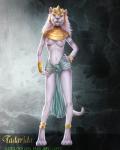 4_toes anklet anthro areola biped bottomwear bracelet breasts claws clothing feet female fur hair headpiece jewelry loincloth looking_at_viewer nipples pupils red_eyes slit_pupils solo standing tattoo text toes adeloo felid lion mammal pantherine 4:5 english_text