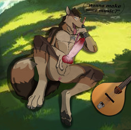 animal_genitalia animal_penis anthro balls big_penis biped canine_genitalia canine_penis claws erection fingers genitals knot male musical_instrument pawpads paws penis solo string_instrument text tongue tongue_out wind_instrument holidaypup canid canine canis hybrid mammal wolfdog absurd_res english_text hi_res