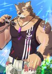 anthro bottomwear brown_body brown_fur clothing eyebrows eyewear fur male muscular muscular_anthro muscular_male pawpads pecs purple_eyes shirt shorts smile solo sunglasses tank_top thick_eyebrows topwear wristband kouga0225 lifewonders live_a_hero pubraseer canid canine canis domestic_dog mammal absurd_res hi_res