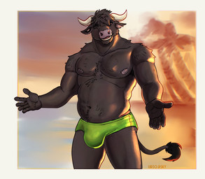 2_horns 5_fingers anthro beach biped black_body black_fur black_hair black_tail border clothing ear_piercing eyes_closed fingers front_view fur gauged_ear green_clothing green_speedo green_swimwear hair happy horn male navel nipples open_mouth outside overweight overweight_anthro overweight_male pecs piercing pink_nipples pink_nose smile solo speedo standing swimwear swimwear_only tail teeth tongue white_border white_horn ubio european_mythology greek_mythology minotaur_hotel mythology storm_(minotaur_hotel) bovid bovine mammal minotaur 2025 digital_drawing_(artwork) digital_media_(artwork) hi_res signature