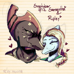 anthro bald biped blonde_hair blue_body bone_frill braided_hair brown_body canon_couple duo eyes_closed female frill_(anatomy) front_view hair happy heart_symbol long_hair male male/female married_couple pattern_background romantic romantic_couple simple_background smile striped_background text by:_muun cavemanon_studios snoot_game ripley_(snoot_game) samantha_(snoot_game) prehistoric_species pterosaur reptile scalie 1:1 2025 absurd_res artist_name bust_portrait character_name colored guide_lines hi_res portrait shaded