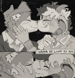 2_panel_comic anthro blush blush_lines clothed clothing collar collar_pull collared_shirt dialogue duo ear_piercing ear_ring eyes_closed eyewear floppy_ears freckled_face freckles french_kissing glasses hair horn jacket kissing male male/male multicolored_hair nuzzling piercing ring ring_piercing round_glasses shirt sweater text topwear tuft undershirt zipper_jacket littlearrowdog bovid canid canine canis caprine domestic_dog goat mammal english_text hi_res monochrome