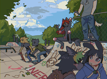 anthro backpack black_body black_fur black_hair blush blush_lines breasts casual_nudity cellphone clothed clothed_male clothing detailed_background elbow_pads electronics female fully_clothed fur genitals gesture graffiti green_highlights group hair hand_behind_head hand_in_pocket highlights_(coloring) hoodie jewelry knee_pads male navel necklace nipples nude nude_female outside pawpads phone pockets pointy_ears prick_ears pubes red_hair shirt sitting skate_park skateboard skateboarding small_breasts smartphone smile t-shirt tail tail_tuft tan_body tan_fur text topwear tuft vehicle vulva waving deceased_bunny mara_lockwood canid canine canis domestic_cat felid feline felis lagomorph leporid mammal rabbit 2026 digital_media_(artwork) english_text hi_res