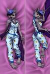 anthro biped blue_hair breasts brown_eyes clothed clothing dakimakura female fur grey_body grey_fur hair membrane_(anatomy) membranous_wings smile solo wings mykegreywolf echo_(oc) bat mammal 2018 absurd_res dakimakura_design digital_media_(artwork) hi_res