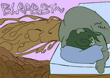 anthro anus big_anus big_butt blue_bedding blue_pillow brown_feces butt excessive_feces feces green_body green_hair hair head_on_pillow huge_anus huge_butt hyper hyper_anus hyper_butt hyper_feces lying male on_side onomatopoeia pillow pooping pooping_on_floor solo sound_effects text swirlspicysoup swirl_(helloimfurry) mammal mephitid skunk watermark
