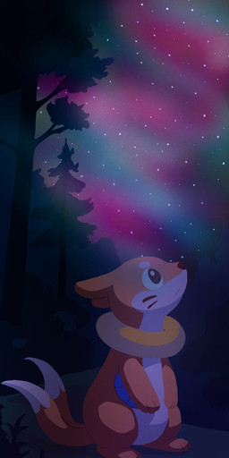 2_tails 3_fingers 3_toes ambiguous_gender aurora_(phenomenon) biped black_nose dipstick_tail feet feral fingers forest fur grass long_tail looking_up markings multi_tail night orange_body orange_fur orange_tail outside plant sky solo standing star starry_sky tail tail_markings text toes tree white_tail_tip fulgito_ast nintendo pokemon buizel generation_4_pokemon pokemon_(species) 2025 artist_name hi_res