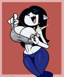 areola big_breasts black_hair bodily_fluids bottomwear breasts clothing denim denim_bottomwear denim_clothing fangs female grey_areola grey_nipples hair humanoid_pointy_ears jeans lactating navel nipples open_mouth pants shirt solo tank_top teeth tongue topwear fujiweeb adventure_time cartoon_network marceline_abadeer humanoid vampire 2020 5:6 absurd_res hi_res