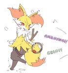 ambiguous_gender anthro black_body black_fur black_nose bodily_fluids controller ear_tuft exercise fur game_controller musical_note musical_symbol navel orange_body orange_eyes orange_fur solo stick sweat symbol text tuft yellow_body yellow_fur mei_(artist) nintendo nintendo_switch pokemon ring_fit_adventure braixen generation_6_pokemon pokemon_(species) 2020 english_text hi_res