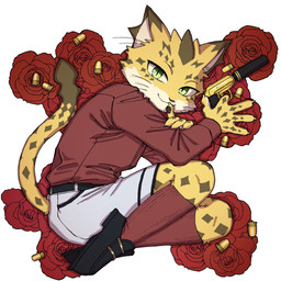 anthro bottomwear clothing flower footwear fur green_eyes gun handgun looking_at_viewer male markings pistol plant ranged_weapon rose_(flower) shorts smile socks solo spots spotted_body spotted_fur weapon yellow_body yellow_fur young young_anthro syousinman lifewonders tokyo_afterschool_summoners ose_(tas) felid leopard mammal pantherine 1:1 hi_res