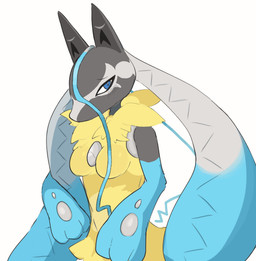 anthro blue_body blue_eyes blue_fur blush breasts female fur grey_body grey_fur medium_breasts pupils simple_background solo upper_body white_background white_pupils yellow_body yellow_fur mahosuzu nintendo pokemon canid generation_9_pokemon mammal mega_evolution mega_lucario_z pokemon_(species) 2025 absurd_res hi_res