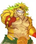 5_fingers anthro blonde_hair bottomwear clothing fingers fur green_hair green_sclera grin hair hand_wraps loincloth looking_at_viewer male multicolored_hair muscular muscular_anthro muscular_male navel nipples pink_nipples reaching_out smile solo two_tone_hair wraps yellow_body yellow_fur baku_hosamo lifewonders tokyo_afterschool_summoners macan_(tas) felid mammal pantherine tiger 2018