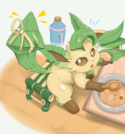 anthro chair desk feral food furniture green_body green_ears kettle looking_at_viewer rice solo table tail yellow_body nacl_chicken nintendo pokemon eeveelution generation_4_pokemon leafeon pokemon_(species) absurd_res hi_res