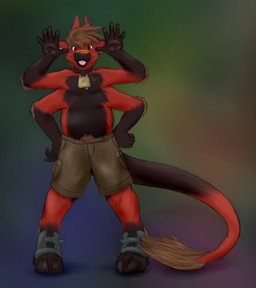 abstract_background anthro bell black_body black_fur bottomwear brown_body brown_clothing brown_eyes brown_fur brown_hair clothing cloven_hooves collar cowbell dipstick_ears ear_markings feet foot_wraps footwear fur gradient hair hands_on_hips hooves male multi_arm multi_limb multicolored_body multicolored_ears orange_body orange_fur pink_inner_ear pink_tongue red_body red_fur sandals shoes shorts solo tail taunting thick_tail tongue tongue_out wraps dragonfer_(artist) mythology vulcan_(dragonfer) bovid caprine dragon furred_dragon furred_scalie goat hybrid mammal mythological_creature mythological_scalie scalie hi_res