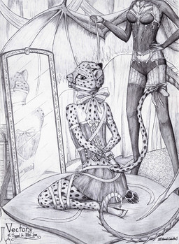 4_toes anthro ball_gag bdsm biped bondage bound clothed clothing corset crossdressing dominant dominant_anthro dominant_female duo feet female femboy frogtied fur gag gagged hands_tied hindpaw legs_tied lingerie male mirror muzzle_(object) muzzled pawpads paws ribbons solo_focus submissive submissive_anthro tail tickle_torture tickling tickling_feet toes topwear azural_cobaltros mythology ithxia vector_cheetah cheetah dragon felid feline mammal mythological_creature mythological_scalie scalie 2018 hi_res sketch traditional_media_(artwork)
