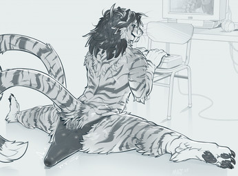 2_tails anthro anus anus_peek biped butt chair claws clothed clothing digitigrade electronics erection fangs finger_claws flexible fur furniture genitals hair headphones long_hair looking_at_viewer looking_back looking_back_at_viewer male male_anthro multi_tail pawpads paws penis penis_backwards sabertooth_(anatomy) solo splits spread_legs spreading striped_body striped_fur stripes tail teeth tenting toe_claws underwear underwear_only majmajor kyren_graves felid mammal prehistoric_species saber-toothed_tiger 2026 digital_media_(artwork) hi_res