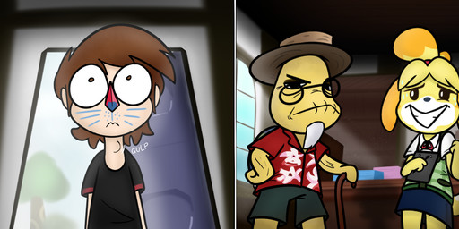 2_panel_comic 3_fingers age_difference anthro arms_bent black_bottomwear black_clothing black_eyebrows black_eyes black_nose black_shirt black_shorts black_t-shirt black_topwear blonde_hair blue_bottomwear blue_clothing blue_shell blue_skirt blue_sky bodily_fluids bodypaint bottomwear brown_eyes brown_hair clipboard clothed clothed_anthro clothed_female clothed_human clothed_male clothing day desk dipstick_tail door doorway elderly_anthro elderly_male eyebrows eyewear face_paint female female_anthro fingers fully_clothed fully_clothed_anthro fully_clothed_female fully_clothed_male fur furniture furrowed_brow furrowed_eyebrows glasses green_clothing green_topwear green_vest group gulp_(sound_effect) hair holding_cane holding_clipboard holding_object holding_pen inside light male male_anthro male_human markings mitten_hands nervous nervous_smile nervous_sweat no_pupils older_anthro older_male orange_ears paper pen plant ponytail pupils red_dress_shirt red_hair_tie red_nose round_glasses shell shirt short_hair shorts skirt sky smile smiling_at_another standing sweat t-shirt table tail tail_markings tan_body tan_skin topwear tree triangle_nose trio two_tone_tail vest white_pupils white_tail_tip wide_eyed window wrinkles yellow_body yellow_fur yellow_skin yellow_tail younger_anthro younger_female younger_human younger_male cookieboy011 animal_crossing nintendo isabelle_(animal_crossing) tortimer_(animal_crossing) villager_(animal_crossing) canid canine canis domestic_dog human mammal reptile scalie shih_tzu tortoise toy_dog turtle 2019 colored comic digital_media_(artwork) english_description lighting shaded story story_in_description