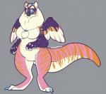 anthro beak big_breasts blue_eyes breasts chest_tuft claws feathers female fur hair horn inner_ear_fluff orange_stripes pink_body pink_fur purple_body purple_fur simple_background slightly_chubby solo spots stripes tuft white_body white_fur white_hair wings chitafokkusu malani_(character) avian felid hybrid mammal marsupial digital_media_(artwork) hi_res