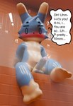 anthro aroused balls blush bodily_fluids erection excited foreskin genital_fluids genitals humanoid_genitalia male nude paws penis pool precum shota sitting solo steam surprised_expression text wet young young_anthro young_male boiboo lagomorph leporid mammal rabbit english_text hi_res
