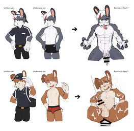abs anal anthro backpack backwards_baseball_cap backwards_hat band-aid bandage baseball_cap blush bodily_fluids bulge censor_bar clothed clothing cum cum_covered cum_on_face cumshot drooling ear_piercing ejaculation electronics excessive_cum excessive_genital_fluids fast_food_employee fast_food_uniform genital_fluids gloves hands-free handwear hat headgear headphones headset headwear in_heat male messy multiple_poses muscular muscular_male pecs piercing pose saliva simple_background smile solo sweat text tongue tongue_out topless underwear vein veiny_muscles white_background burnny's kenny_(burnny's) leudi_(burnny's) lagomorph leporid mammal rabbit english_text hi_res