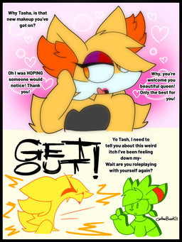 2_panel_comic anthro blonde_hair clothed clothing dialogue dress duo eyeshadow fangs female fur green_eyes green_hair hair heart_symbol inner_ear_fluff lipstick makeup male open_mouth orange_eyes red_eyeshadow simple_background teeth text tuft yellow_body yellow_fur unfortu-nate nintendo pokemon gary_(unfortu-nate) tasha_(unfortu-nate) chespin fennekin generation_6_pokemon pokemon_(species) 2026 3:4 digital_media_(artwork) english_text hi_res