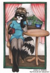 anthro beverage biped black_body black_fur breasts brown_hair chair clothed clothing coffee container cup curtains curtains_open female floor food forest fur furniture glistening green_eyes grey_body grey_fur hair hand_on_head holding_container holding_object jennifer_l_anderson looking_at_viewer mammal morning mountain mug plant procyonid raccoon reflection shirt sitting sky smile solo table tail text topwear tree url wall_(structure) water water_reflection white_body white_fur white_wall wood wood_floor
