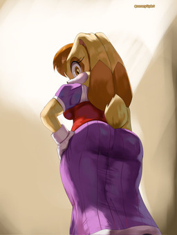 anthro bottomwear brown_eyes brown_hair butt clothing female gloves hair hand_on_hip handwear long_ears looking_back shirt skirt solo tail topwear soranygyart sega sonic_the_hedgehog_(series) vanilla_the_rabbit lagomorph leporid mammal rabbit 3:4 hi_res