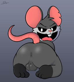anus backsack balls big_teeth fur genitals grey_body grey_fur looking_at_viewer looking_back male pink_tail smile solo spread_legs spreading tail sherwind52 mob_entertainment nightmare_critters poppy_playtime touille_(poppy_playtime) mammal murid murine rat rodent hi_res