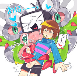 >_< ambiguous_gender censored_genitalia censored_penis duo ejaculation eyes_closed handjob interspecies male male/ambiguous not_furry penile screen screen_face sex text young wan_txt undertale undertale_(series) frisk_(undertale) photoshop_flowey human mammal monster censored hi_res japanese_text translation_request