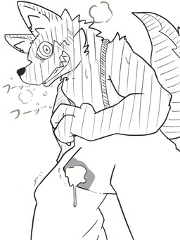 anthro arm_tuft biped blush blush_lines bodily_fluids breath cheek_blush cheek_tuft clawed_hands clothed clothed_anthro clothed_male clothing cloud_emanata creepy_smile cum cum_drip cum_in_clothing cum_through_clothing cum_through_overalls dripping drooling ears_up ellipsis emanata erection erection_under_clothing facial_tuft fingers fluffy fluffy_tail genital_fluids grey_text grin grinning_at_viewer hypnosis hypnotic_eyes hypnotizing_viewer inner_ear_fluff looking_at_viewer looking_down looking_down_at_viewer low-angle_view male male_anthro mind_control monotone_background overalls pointy_ears prick_ears ringed_eyes saliva saliva_drip shoulder_tuft simple_background smile smiling_at_viewer snout solo sweat sweaty_body sweaty_chest sweaty_face tail teeth tenting text toothy_grin tuft wet wet_clothing white_background wide_eyed sabamiso_(sabamasasix) canid canine mammal 2019 3:4 digital_drawing_(artwork) digital_media_(artwork) hi_res japanese_description japanese_text monochrome sketch translation_request