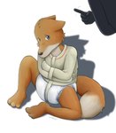 anthro bdsm bondage bound clean_diaper clothed clothing diaper finger_wag heterochromia male restraints sitting solo straitjacket wearing_diaper carotte666 canid canine canis domestic_dog mammal