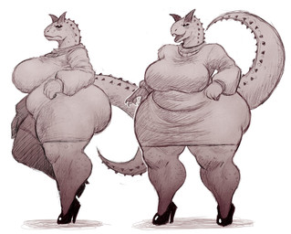 2_horns anthro belly big_breasts big_butt breasts butt clothed clothing dress eyeshadow female footwear high_heels horn huge_breasts huge_butt huge_hips makeup non-mammal_breasts overweight overweight_anthro overweight_female sharp_teeth shoes simple_background solo tail tail_spines teeth thick_thighs white_background wide_hips itzjaylock abelisaurid carnotaurus dinosaur prehistoric_species reptile saurischian scalie theropod hi_res