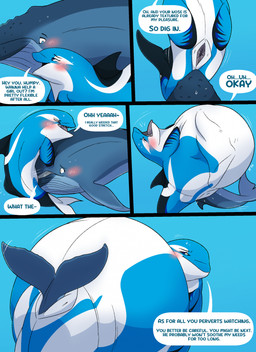 ambiguous_gender animal_genitalia animal_vulva belly big_belly blue_body blue_eyes blue_fin cetacean_genitalia cetacean_vulva dialogue dolphin_tail dorsal_fin female female_pred feral feral_pred feral_prey fin genitals grey_body grey_fin grey_tail head_first huge_belly large_prey male male_prey small_prey speech_bubble spread_vulva spreading tail talking_feral text unbirthing vaginal vore vulva dolphinproject chlurx aquatic baleen_whale cetacean dolphin humpback_whale mammal oceanic_dolphin orca toothed_whale whale 2026 comic english_text hi_res