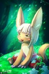 2020 anthro artist_name bangs biped blonde_hair blush claws clothed clothing digital_media_(artwork) eyelashes female flower grass hair hi_res hindpaw lunesnowtail made_in_abyss nanachi narehate open_mouth outside paws plant shaded solo topless yellow_eyes young young_female