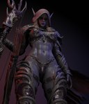 abs armor arrow_(weapon) athletic athletic_female athletic_humanoid barely_visible_genitalia barely_visible_pussy bikini_armor black_sclera bow_(weapon) cloak clothing ears_through_headwear female genitals glowing glowing_eyes hood humanoid_pointy_ears navel nipple_outline pointy_ears pussy ranged_weapon red_eyes solo unconvincing_armor weapon wide_hips soboro_(artist) blizzard_entertainment warcraft sylvanas_windrunner elf high_elf humanoid undead 3d_(artwork) digital_media_(artwork) hi_res